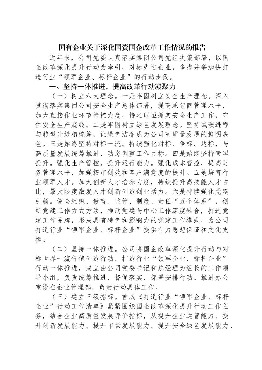 国有企业关于深化国资国企改革工作情况的报告.docx,第1页预览