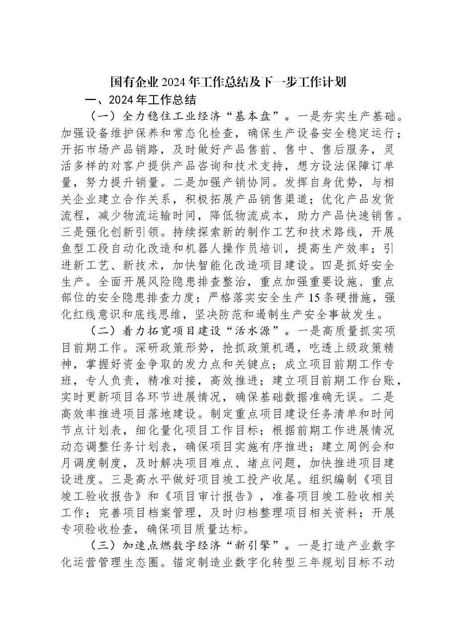 国有企业2024年工作总结及下一步工作计划.docx，第1页预览