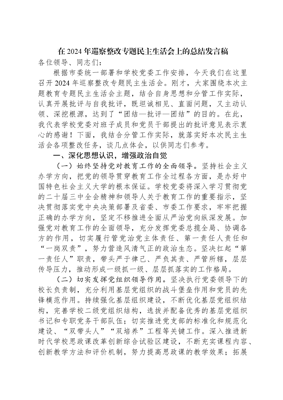 在2024年巡察整改专题民主生活会上的总结发言稿.docx,第1页预览
