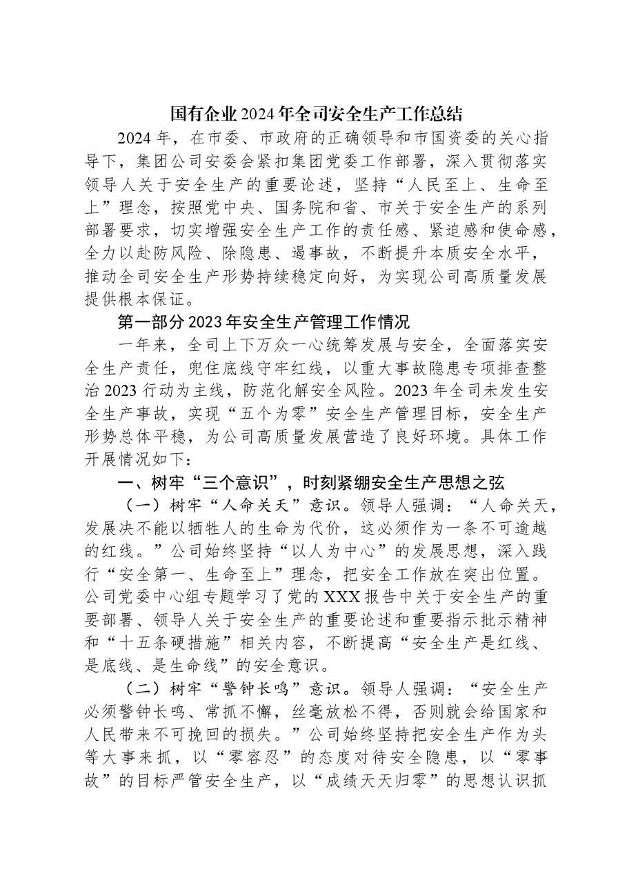 国有企业2024年全司安全生产工作总结.docx，第1页预览