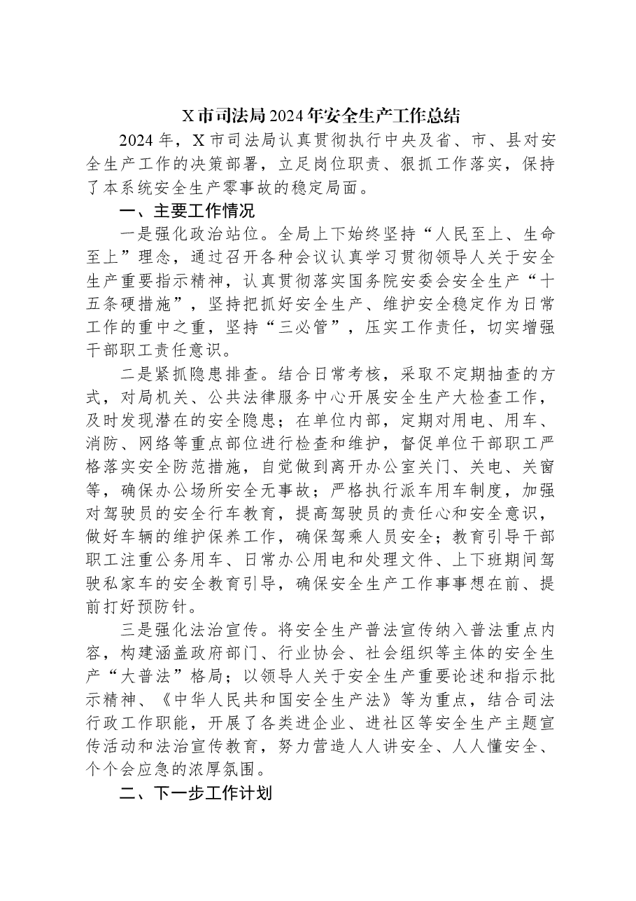 X市司法局2024年安全生产工作总结.docx,第1页预览