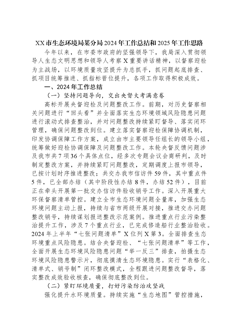 XX市生态环境局某分局2024年工作总结和2025年工作思路.docx，第1页预览