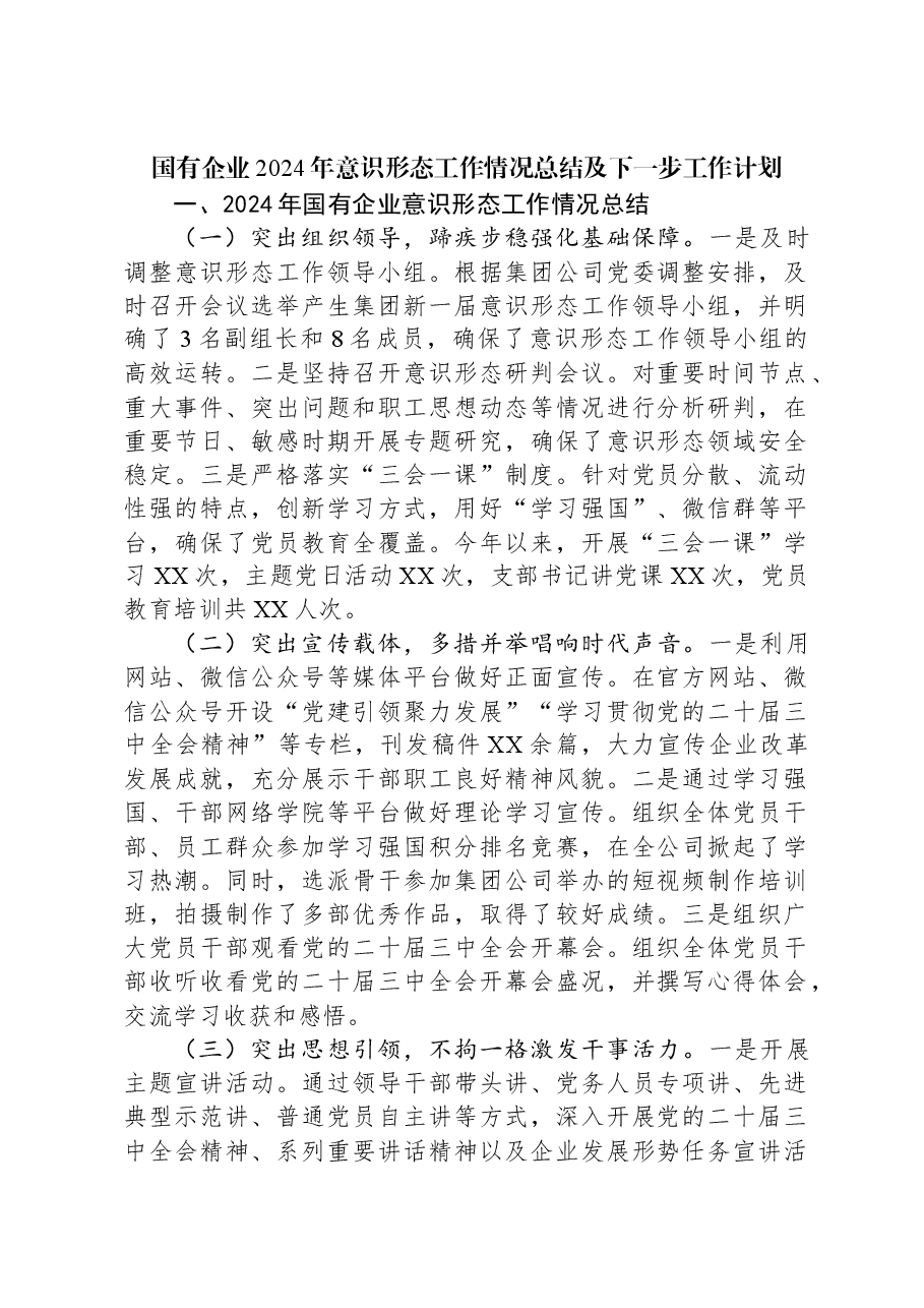 国有企业2024年意识形态工作情况总结及下一步工作计划.docx,第1页预览