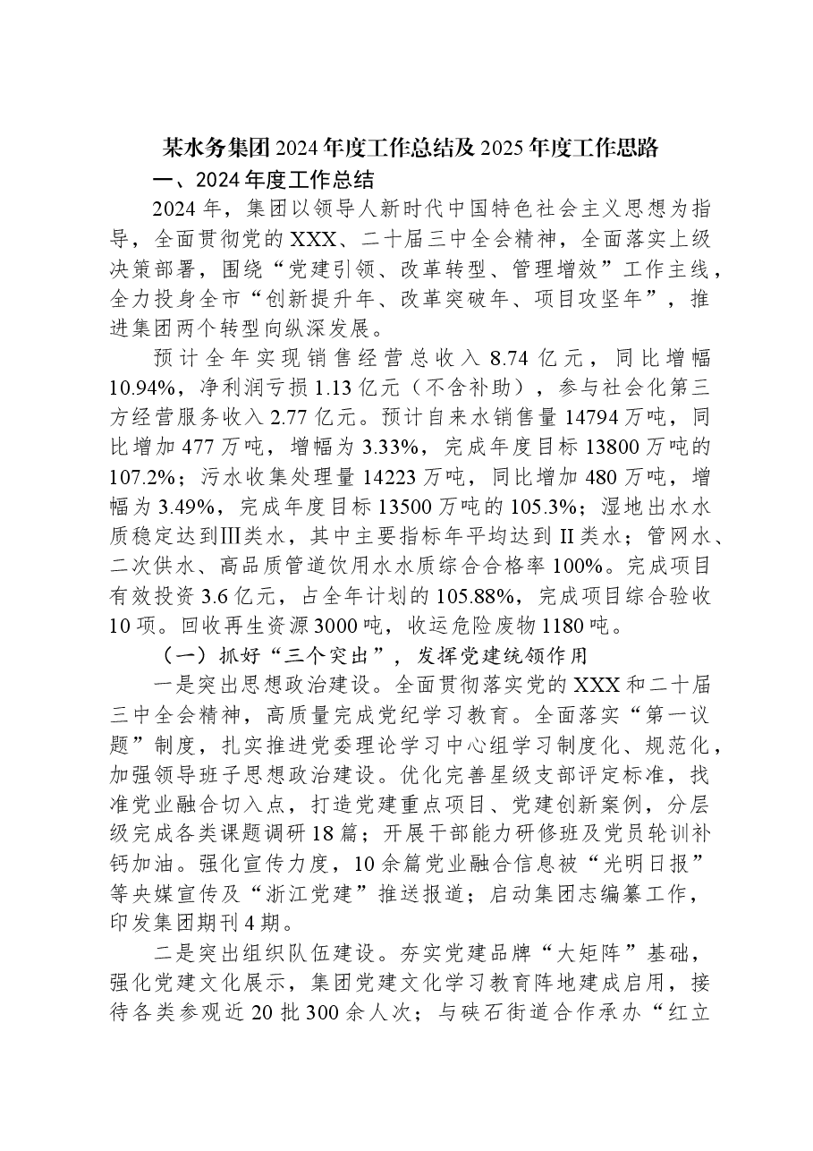 某水务集团2024年度工作总结及2025年度工作思路.docx,第1页预览