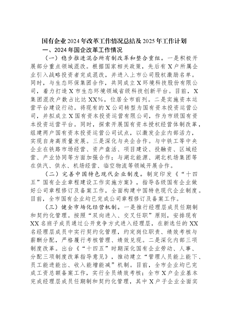国有企业2024年改革工作情况总结及2025年工作计划.docx,第1页预览