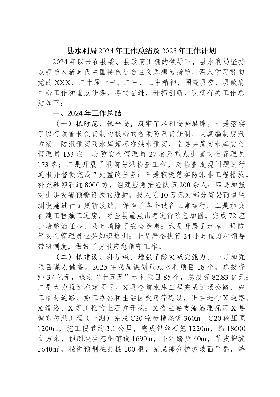 县水利局2024年工作总结及2025年工作计划.docx,第1页预览