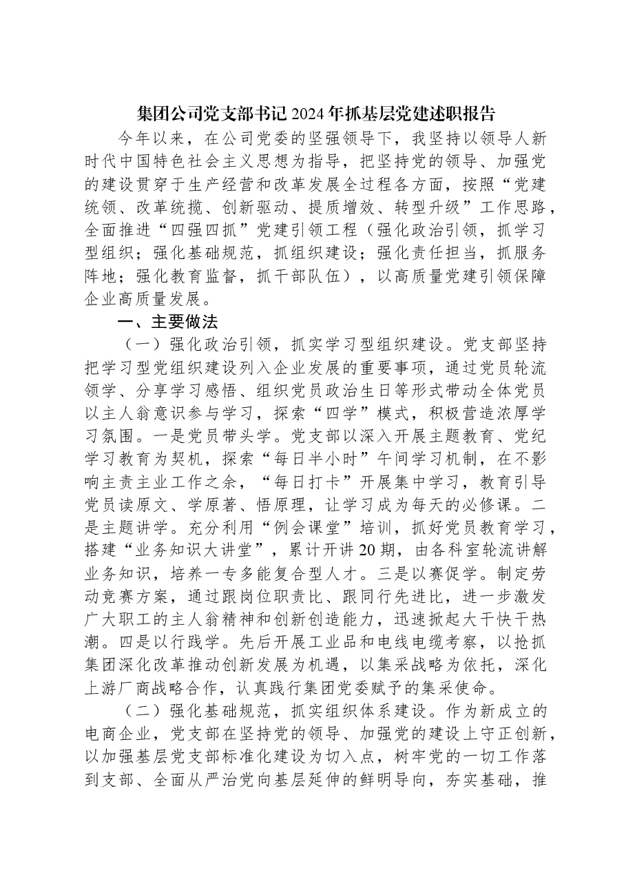 集团公司党支部书记2024年抓基层党建述职报告.docx,第1页预览