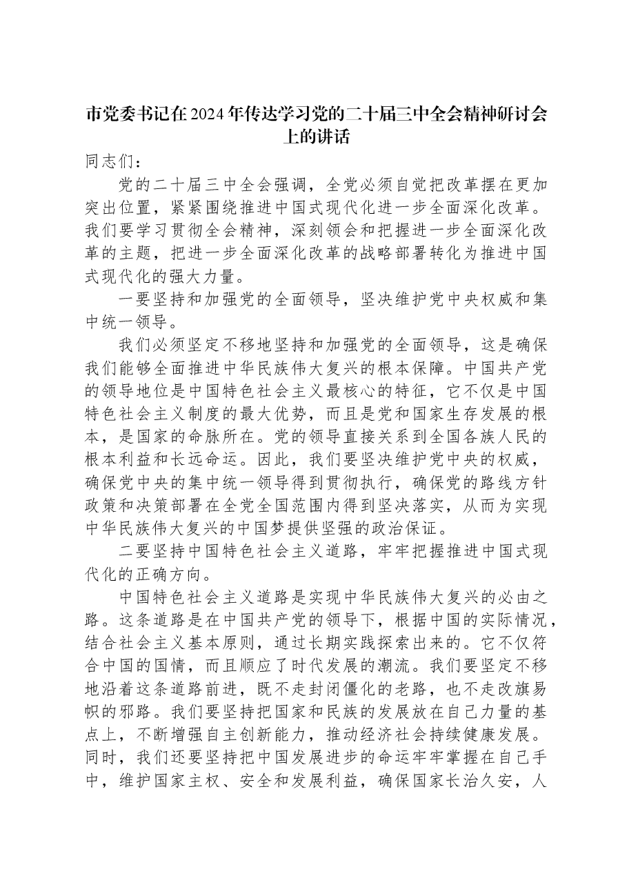 市党委书记在2024年传达学习党的二十届三中全会精神研讨会上的讲话.docx,第1页预览