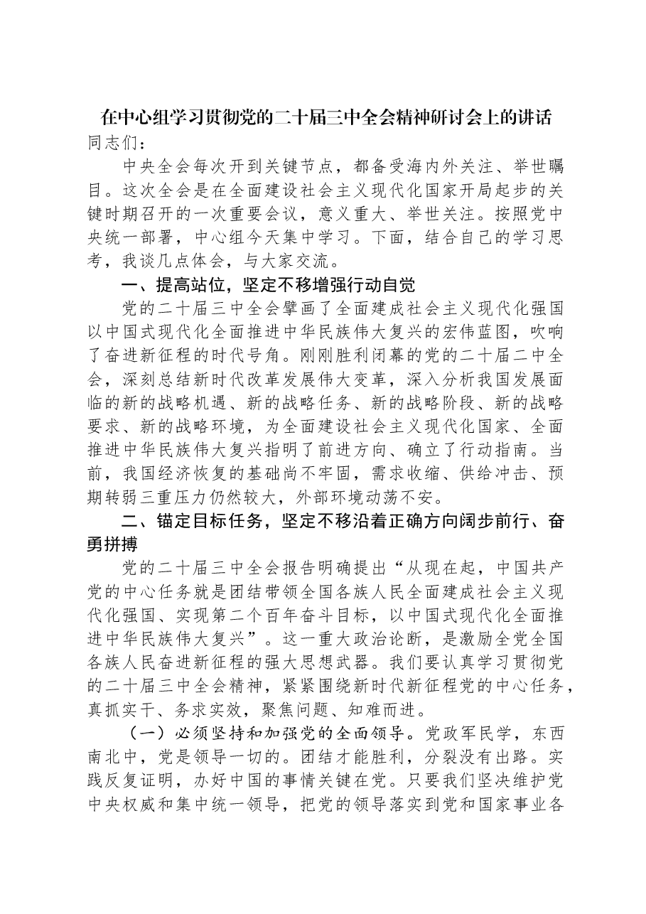 在中心组学习贯彻党的二十届三中全会精神研讨会上的讲话.docx,第1页预览