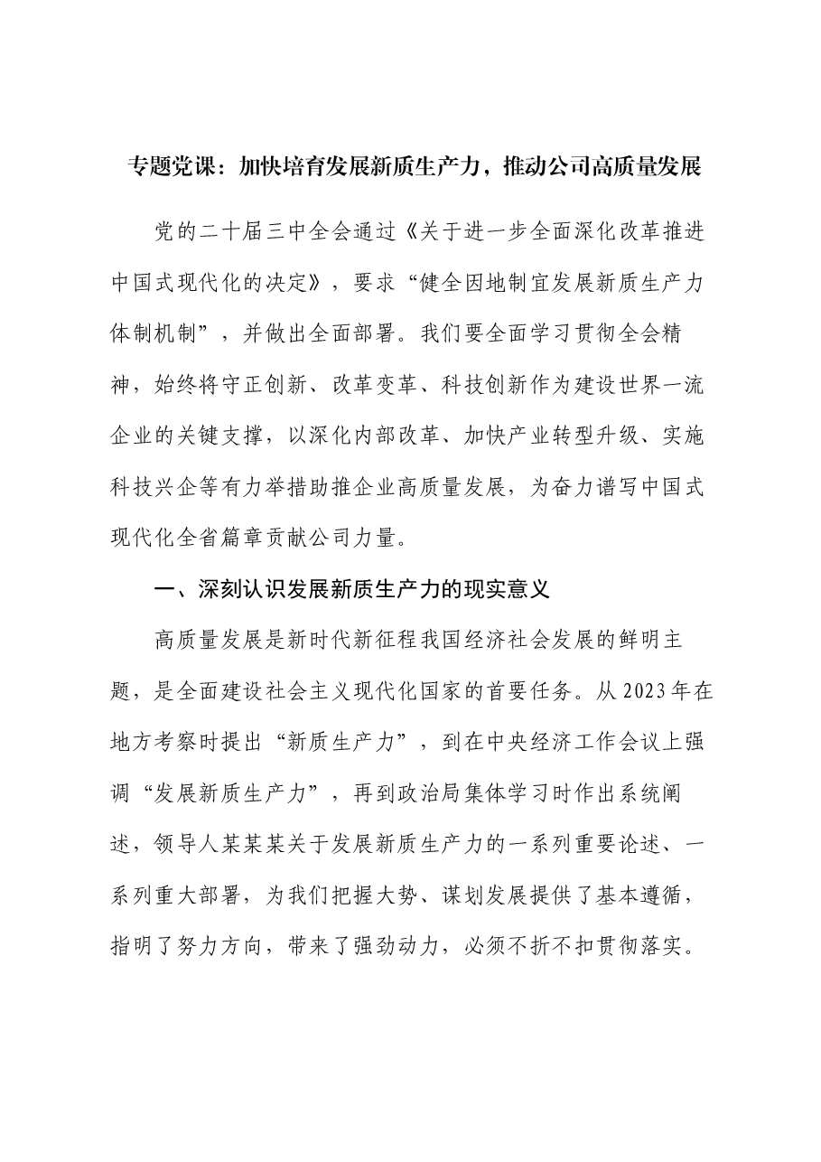 专题党课：加快培育发展新质生产力，推动公司高质量发展.docx，第1页预览