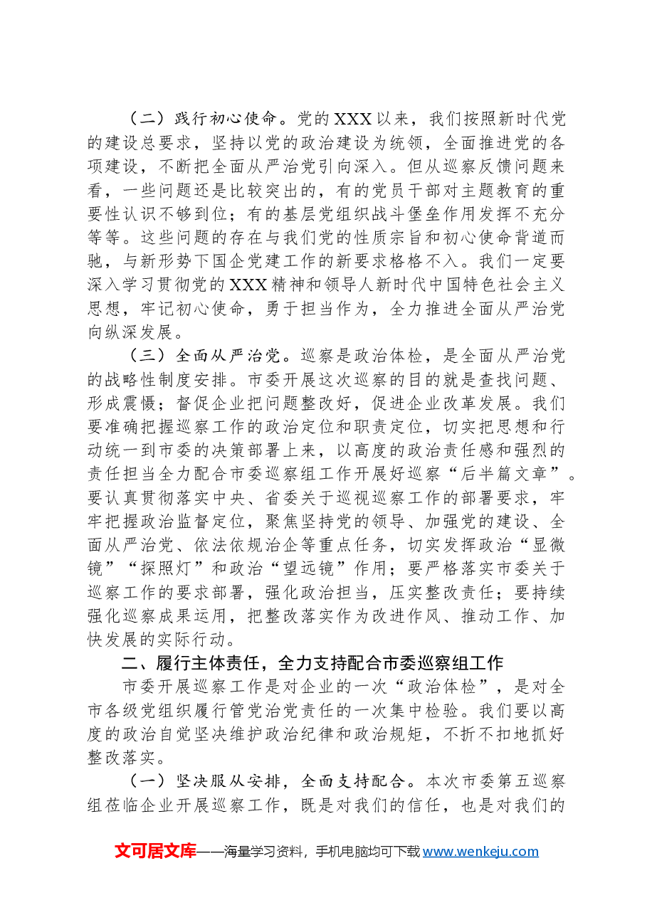 在企业2024年巡视整改反馈意见会上的讲话.docx,第2页预览