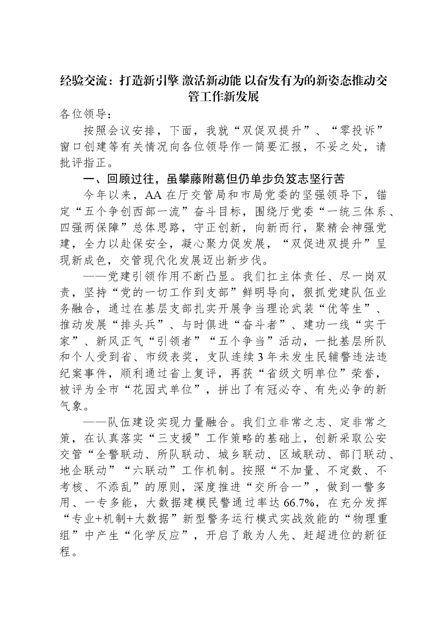 经验交流:打造新引擎+激活新动能+以奋发有为的新姿态推动交管工作新发展.docx,第1页预览