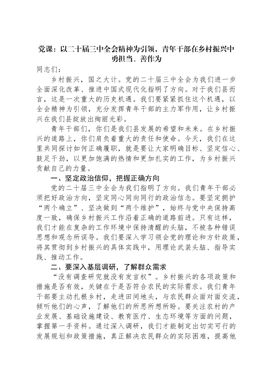 党课:以二十届三中全会精神为引领,青年干部在乡村振兴中勇担当、善作为.docx,第1页预览