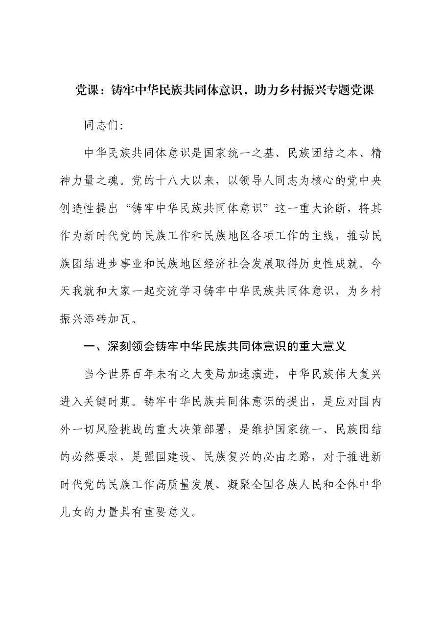党课:铸牢中华民族共同体意识,助力乡村振兴专题党课.docx,第1页预览