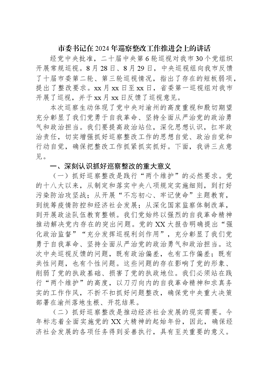 市委书记在2024年巡察整改工作推进会上的讲话.docx，第1页预览