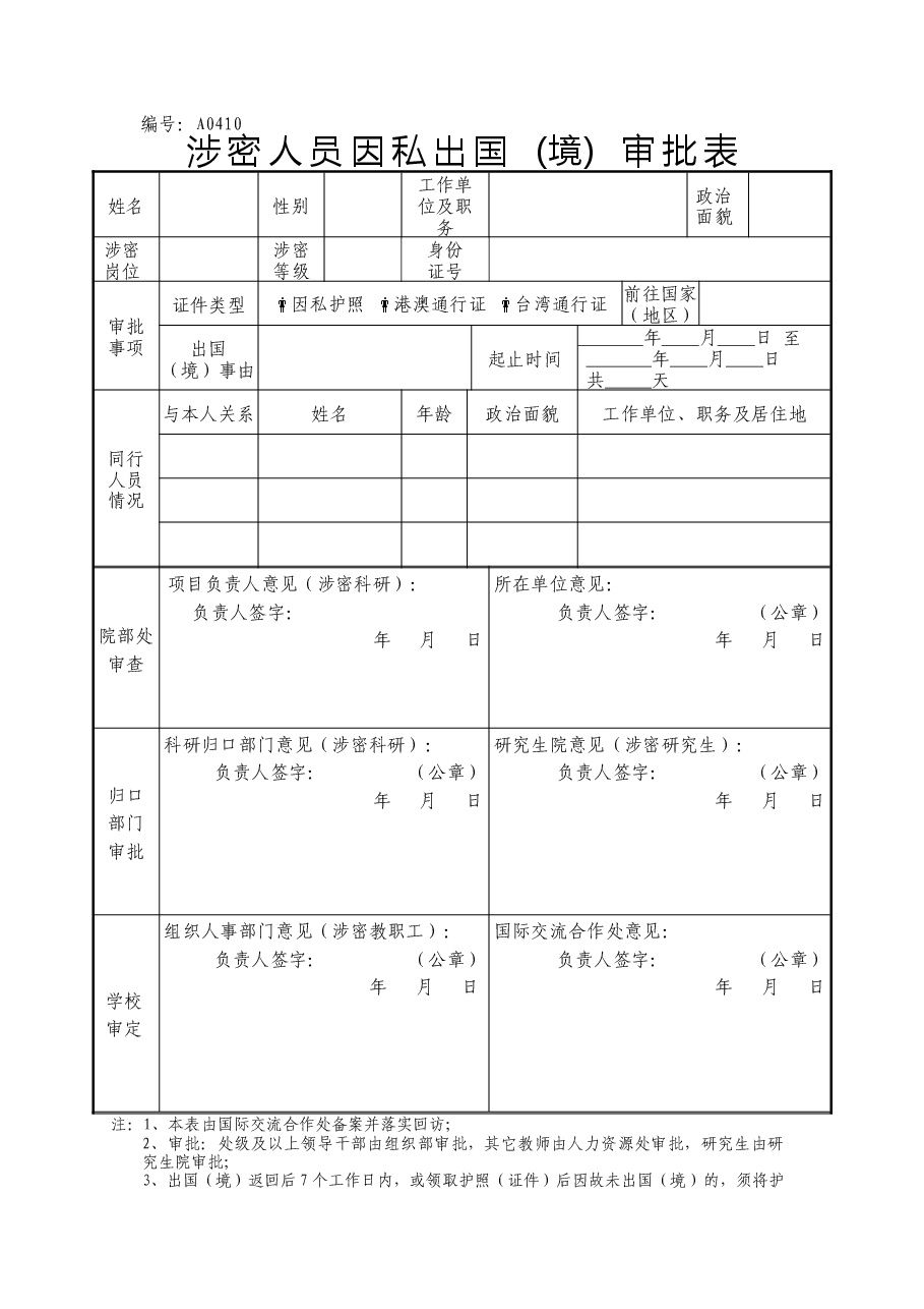 A0410涉密人员因私出国(境)审批表.doc,第1页预览