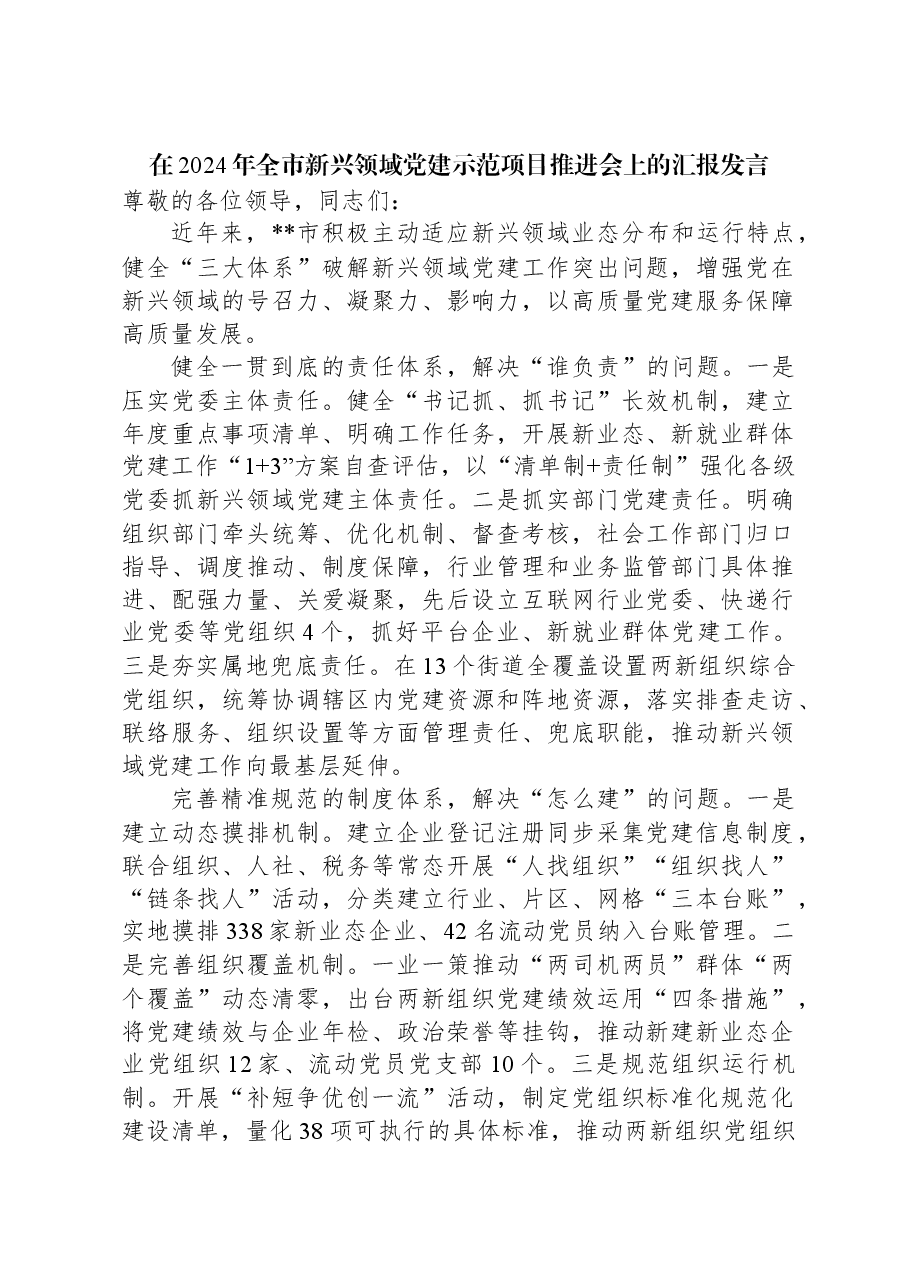 在2024年全市新兴领域党建示范项目推进会上的汇报发言.docx,第1页预览