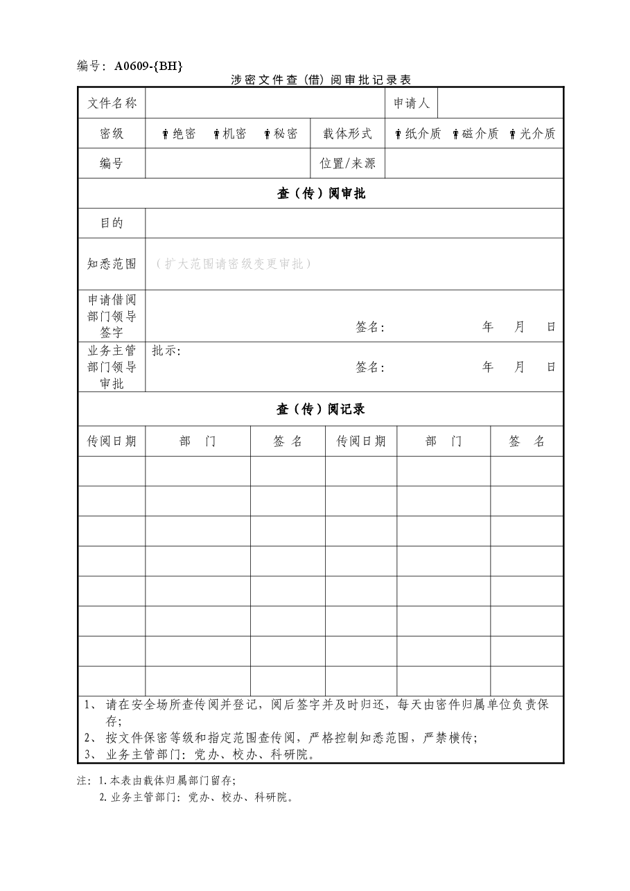 A0609涉密文件查(借)阅审批记录表.doc,第1页预览