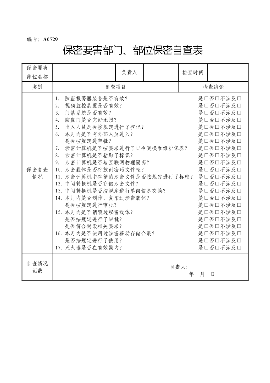 A0729  保密要害部门、部位保密自查表.docx，第1页预览