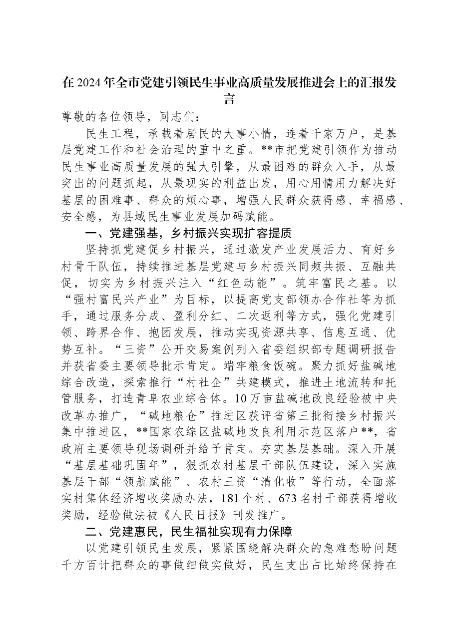 在2024年全市党建引领民生事业高质量发展推进会上的汇报发言.docx,第1页预览