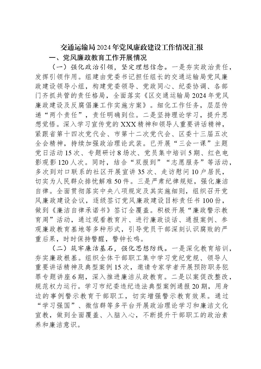 交通运输局2024年党风廉政建设工作情况汇报.docx,第1页预览