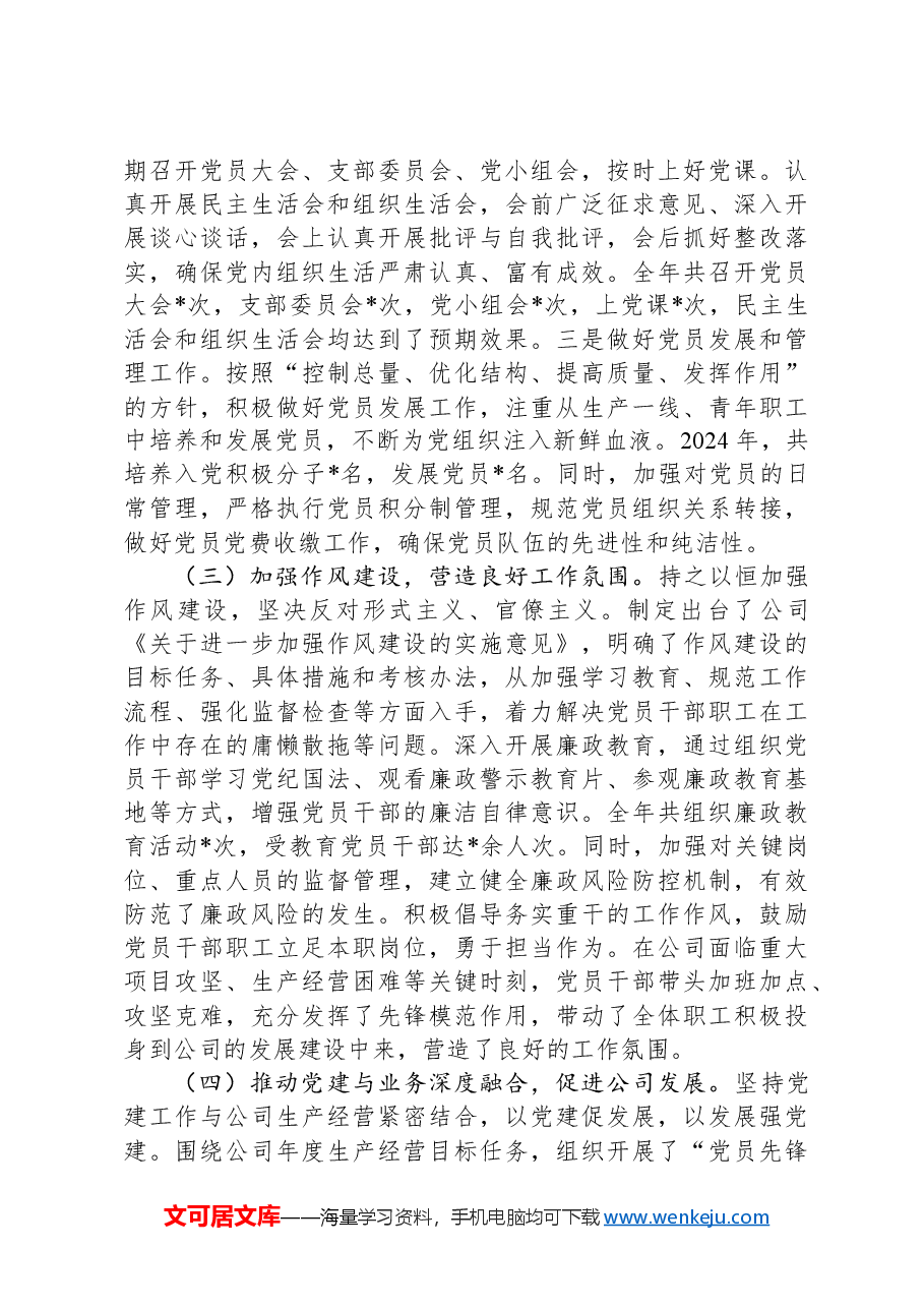 公司党支部书记2024年度落实党建工作责任制述职报告.docx,第2页预览