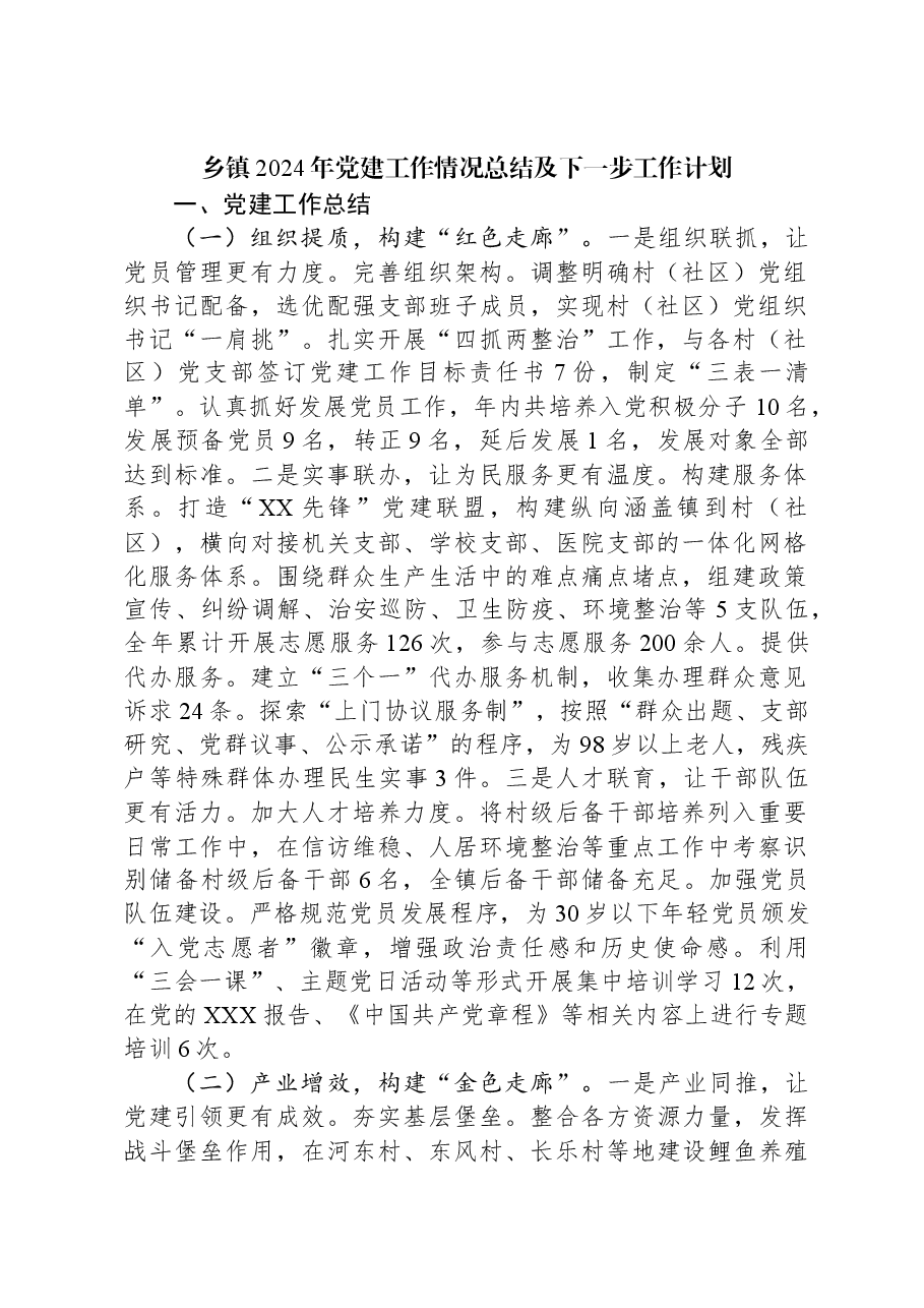 乡镇2024年党建工作情况总结及下一步工作计划.docx,第1页预览