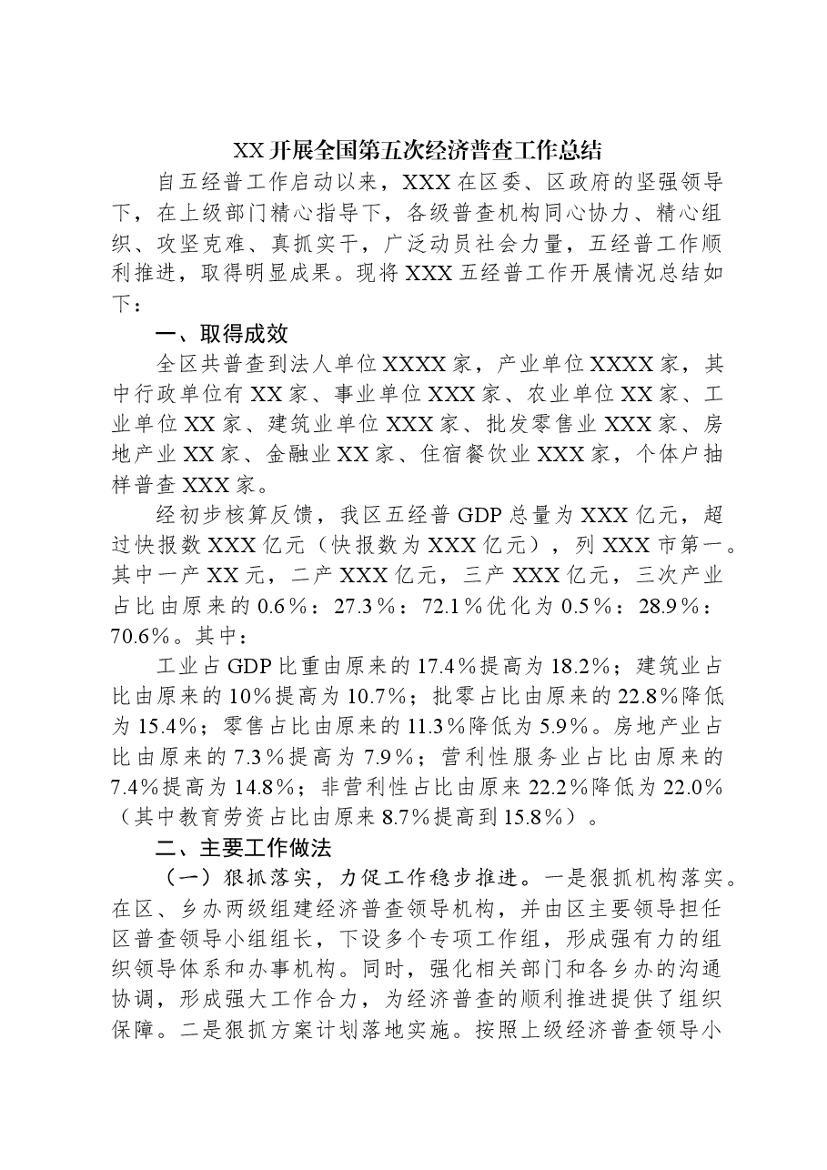 XX开展全国第五次经济普查工作总结.docx,第1页预览