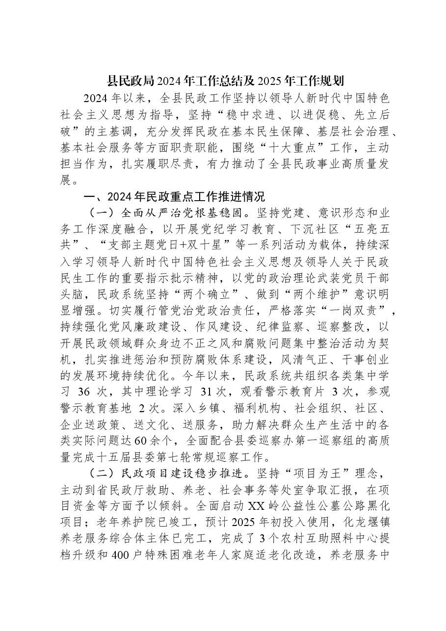 县民政局2024年工作总结及2025年工作规划.docx,第1页预览
