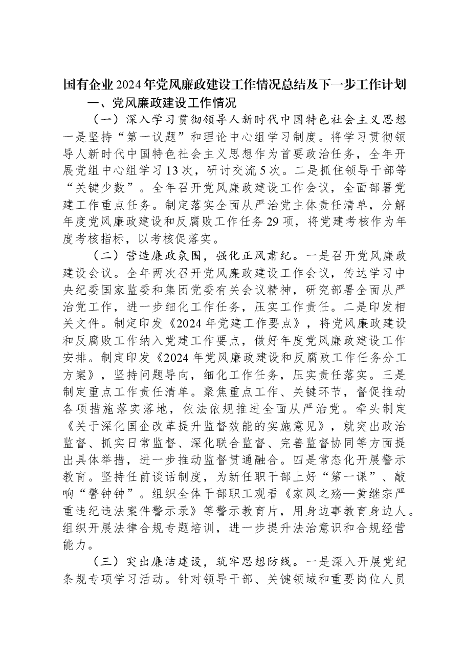 国有企业2024年党风廉政建设工作情况总结及下一步工作计划.docx,第1页预览