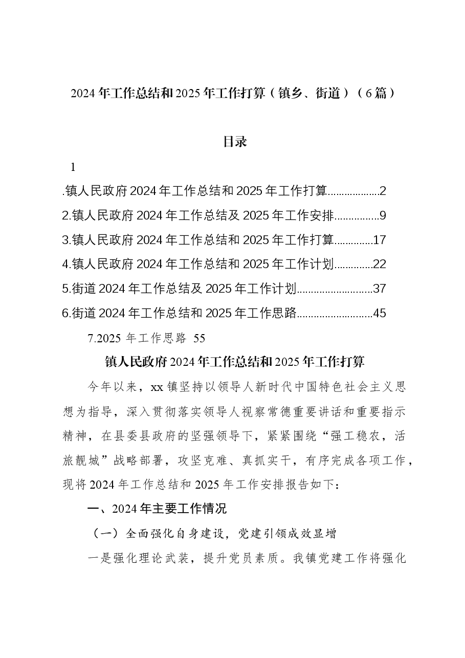 (6篇)2024年工作总结和2025年工作打算(镇乡、街道).docx,第1页预览