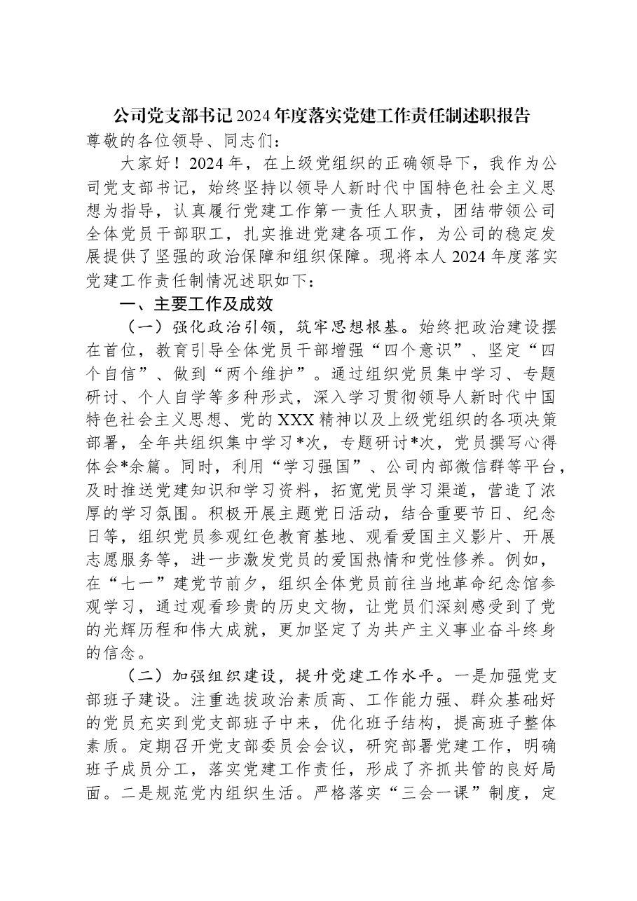 公司党支部书记2024年度落实党建工作责任制述职报告.docx,第1页预览