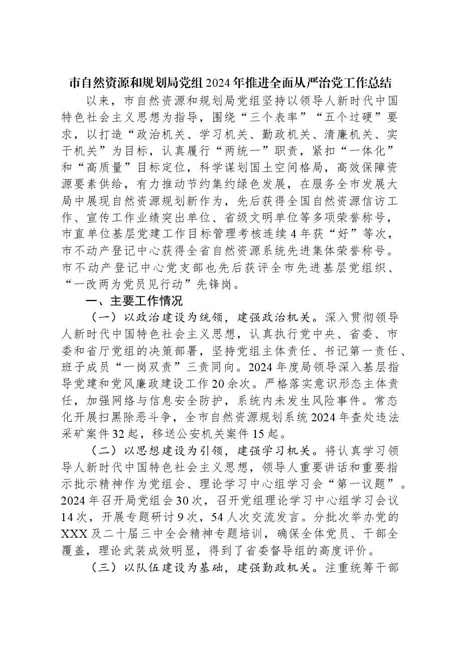 市自然资源和规划局党组2024年推进全面从严治党工作总结.docx,第1页预览