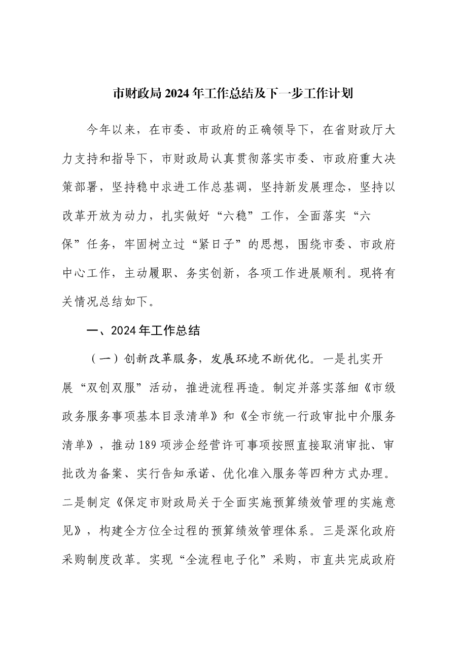 市财政局2024年工作总结及下一步工作计划.docx,第1页预览