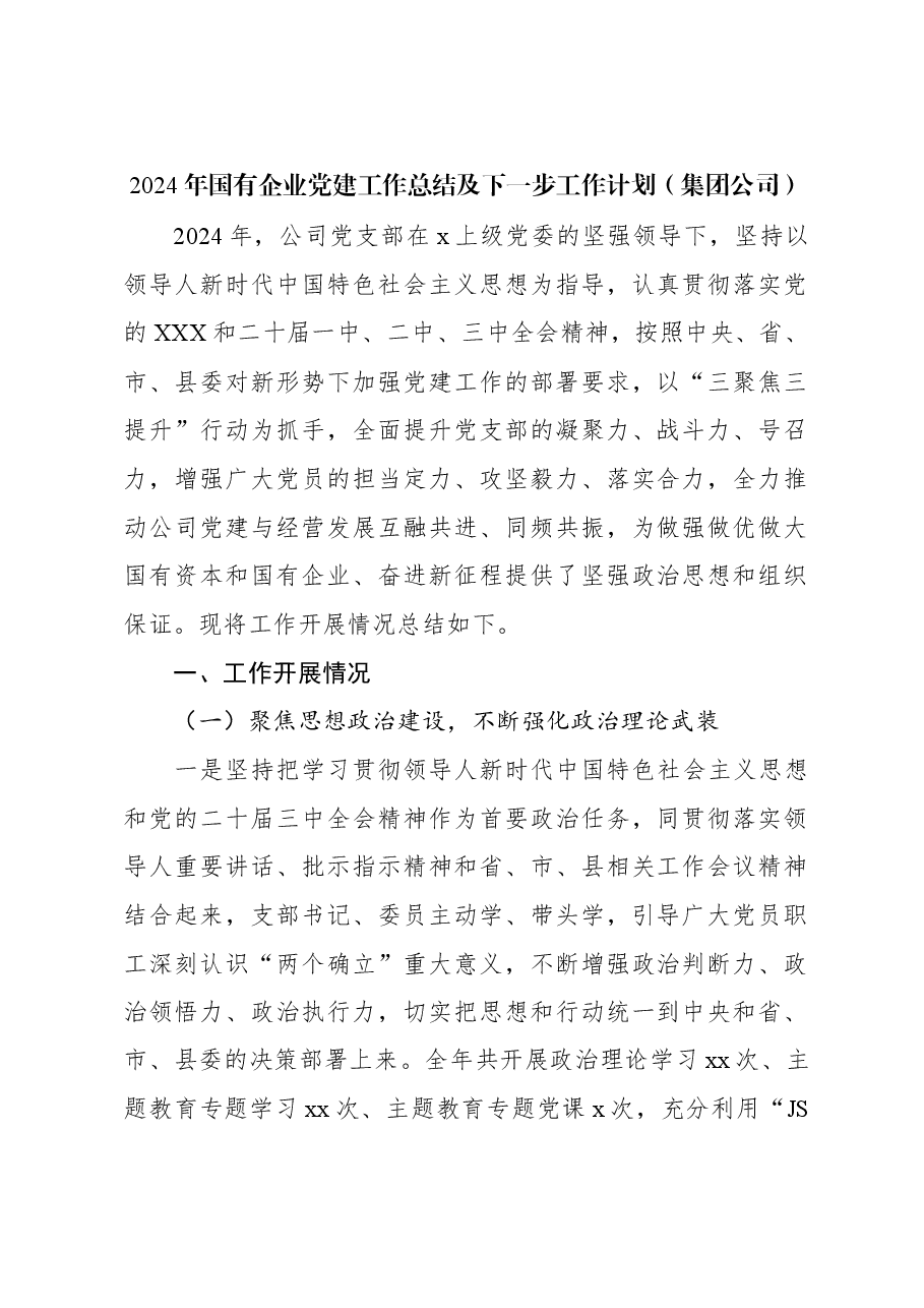 2024年国有企业党建工作总结及下一步工作计划(集团公司).docx,第1页预览