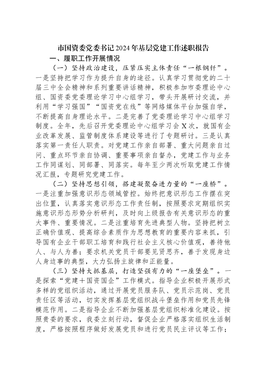 市国资委党委书记2024年基层党建工作述职报告.docx,第1页预览