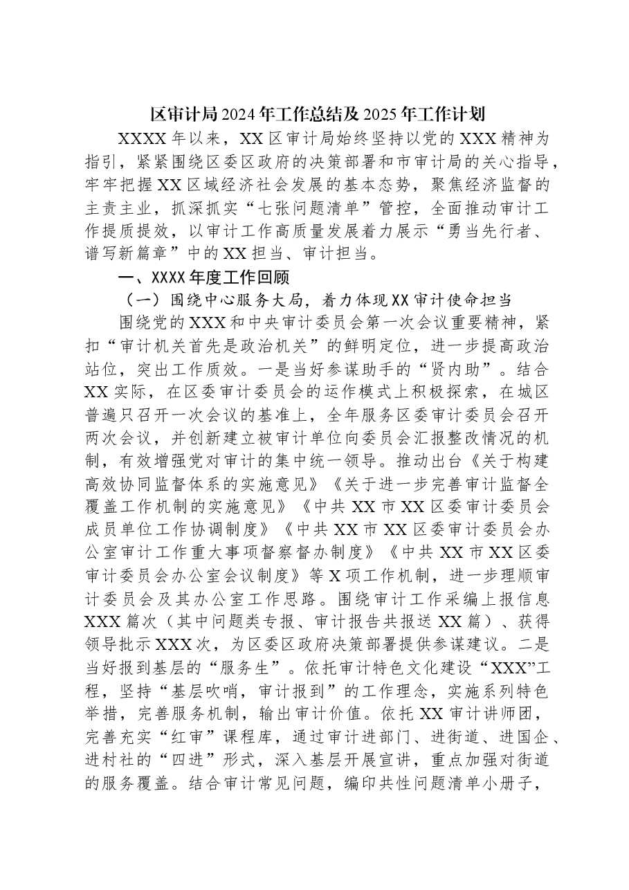 区审计局2024年工作总结及2025年工作计划.docx,第1页预览
