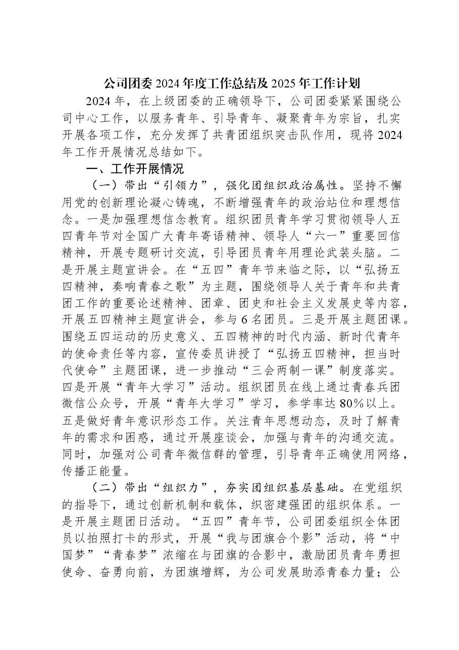公司团委2024年度工作总结及2025年工作计划.docx,第1页预览