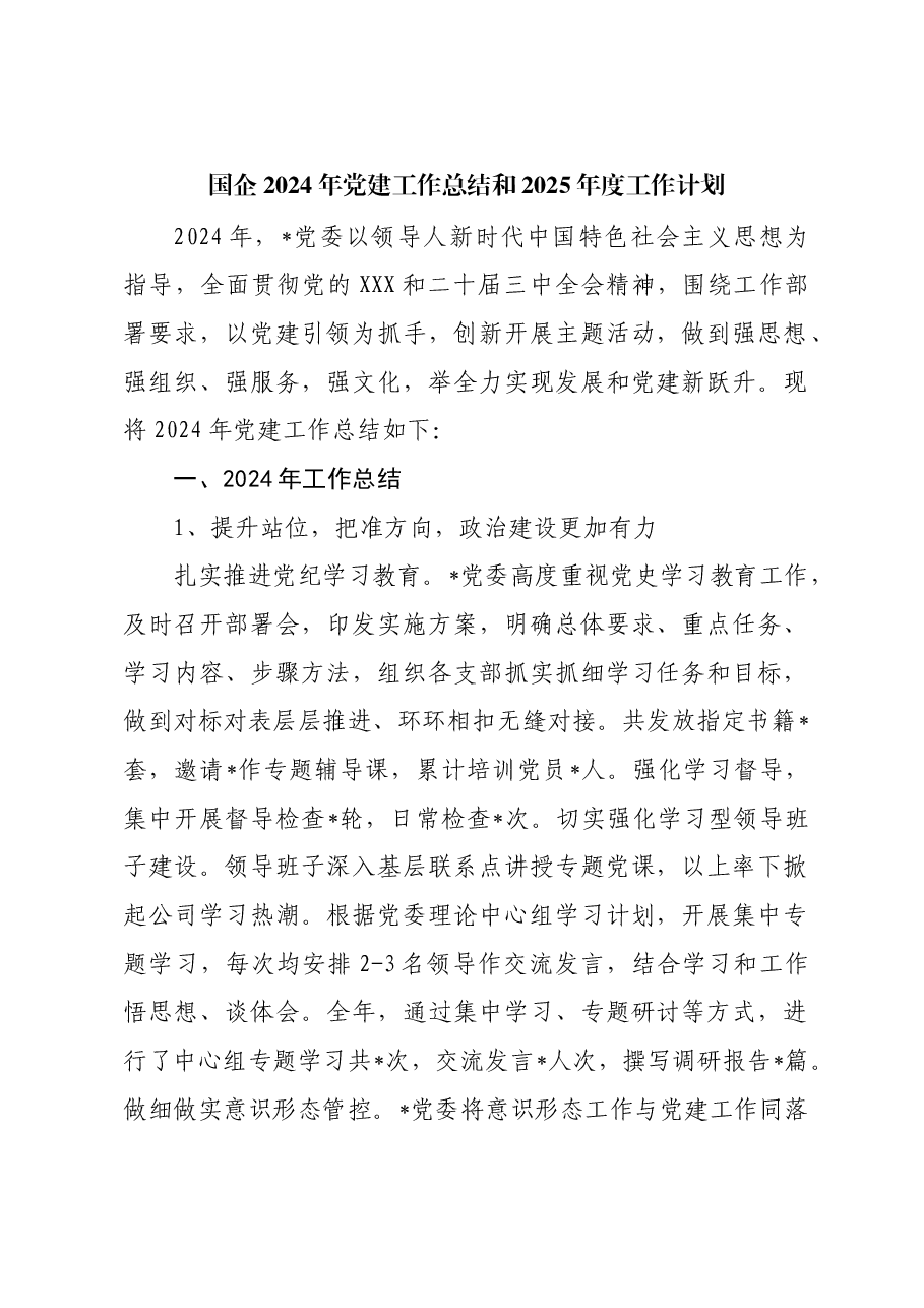 国企2024年党建工作总结和2025年度工作计划.docx,第1页预览