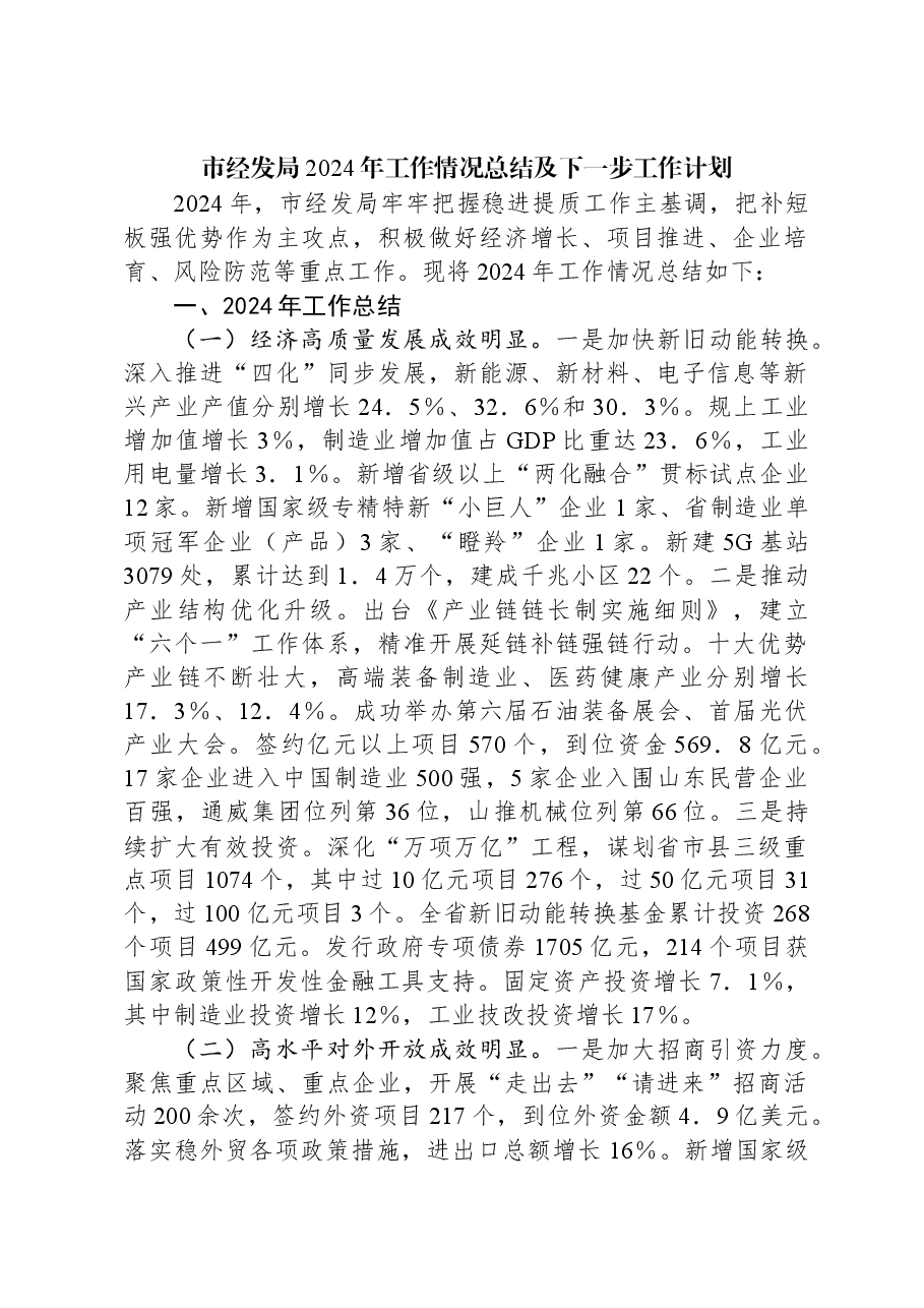 市经发局2024年工作情况总结及下一步工作计划.docx,第1页预览