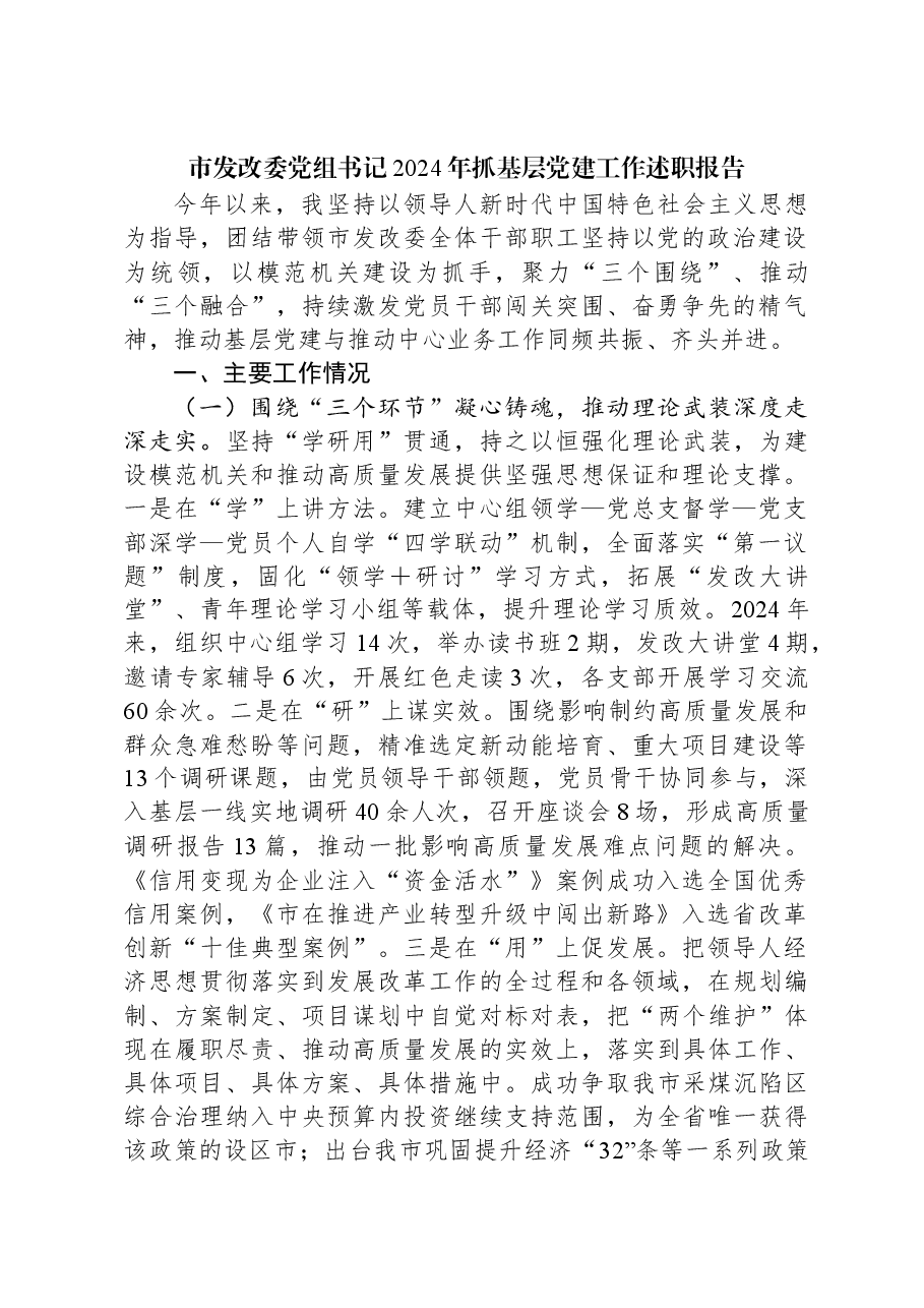 市发改委书记2024年抓基层党建工作述职报告.docx,第1页预览