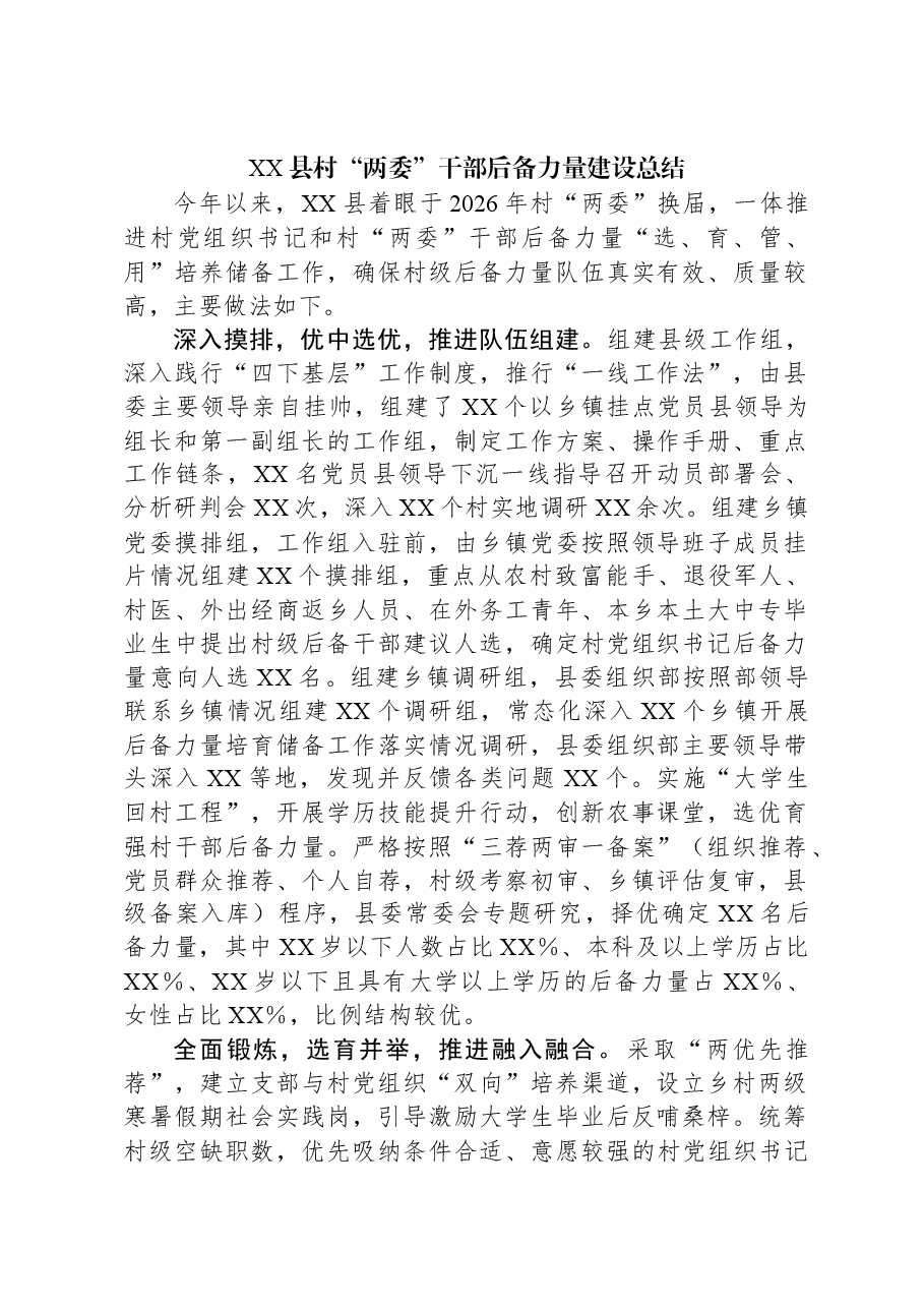 XX县村“两委”干部后备力量建设总结.docx,第1页预览