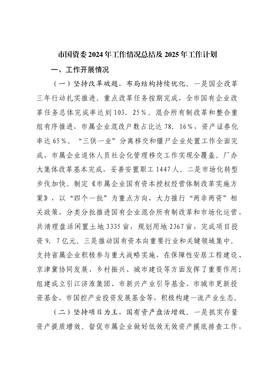 市国资委2024年工作情况总结及2025年工作计划.docx,第1页预览