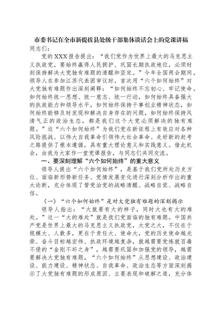 市委书记在全市新提拔县处级干部集体谈话会上的党课讲稿.docx,第1页预览