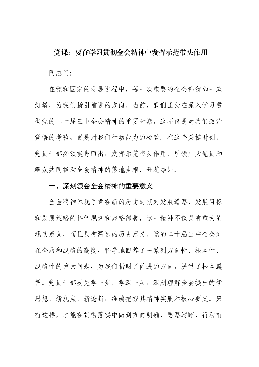 党课:要在学习贯彻三中全会精神中发挥示范带头作用.docx,第1页预览