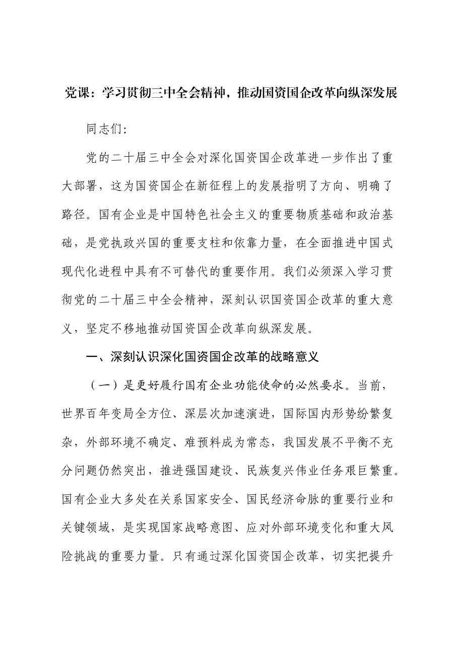 党课:学习贯彻党的二十届三中全会精神,推动国资国企改革向纵深发展.docx,第1页预览