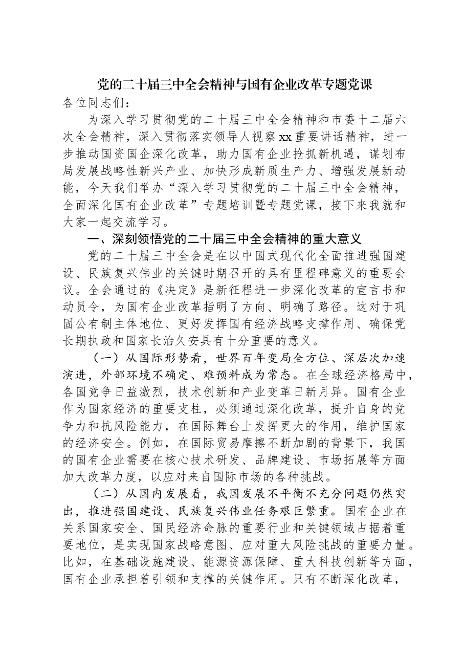 党的二十届三中全会精神与国有企业改革专题党课.docx,第1页预览