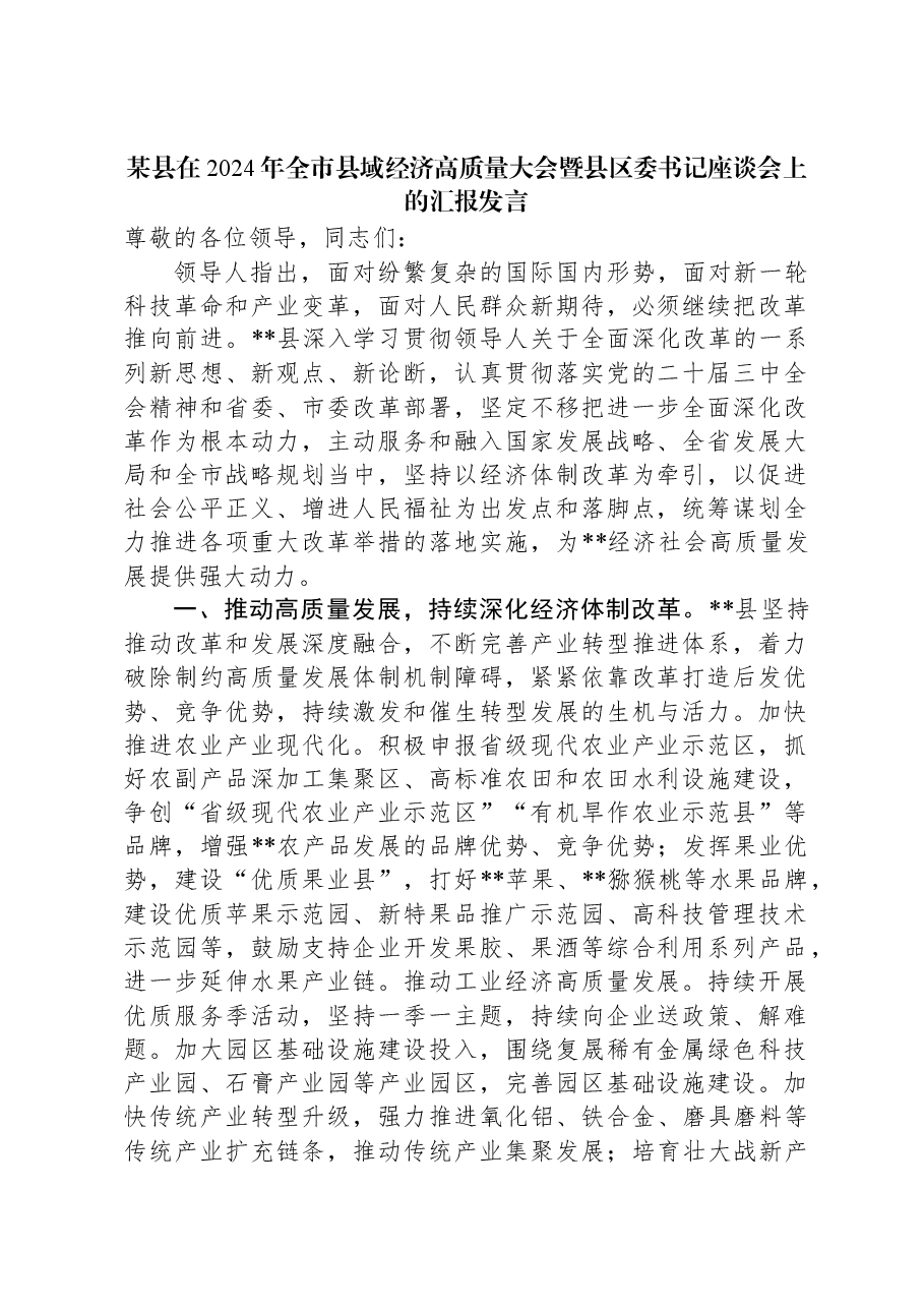 某县在2024年全市县域经济高质量大会暨县区委书记座谈会上的汇报发言.docx,第1页预览
