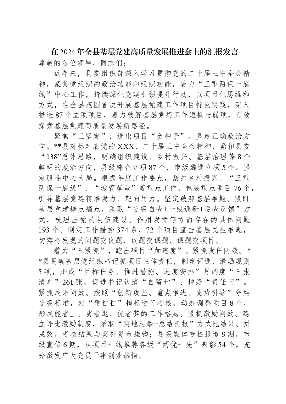 在2024年全县基层党建高质量发展推进会上的汇报发言.docx,第1页预览