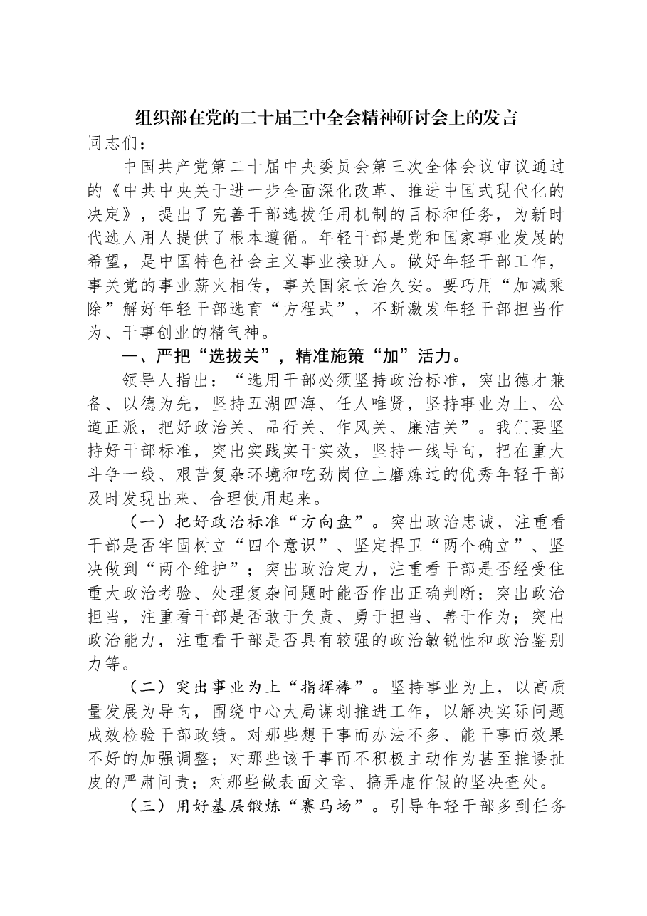 组织部在党的二十届三中全会精神研讨会上的发言.docx,第1页预览
